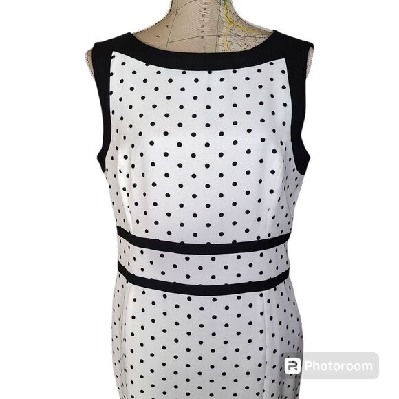 Evan Picone Black Label Size 12 Classy Preppy White Black Polka Dot Sheath Dress - Picture 7 of 12